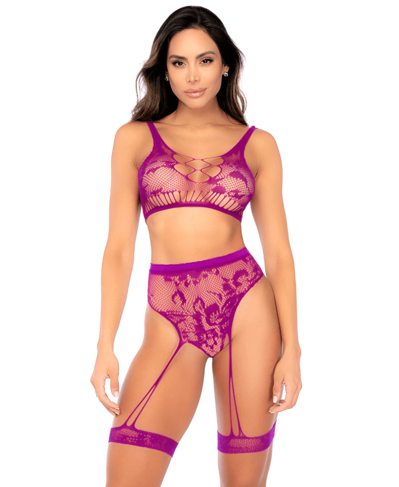 Ensemble deux pièces en résille à motif floral, couleur orchidée - Mapalé